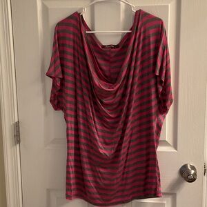 Pink and Gray Striped Drape Neck Top